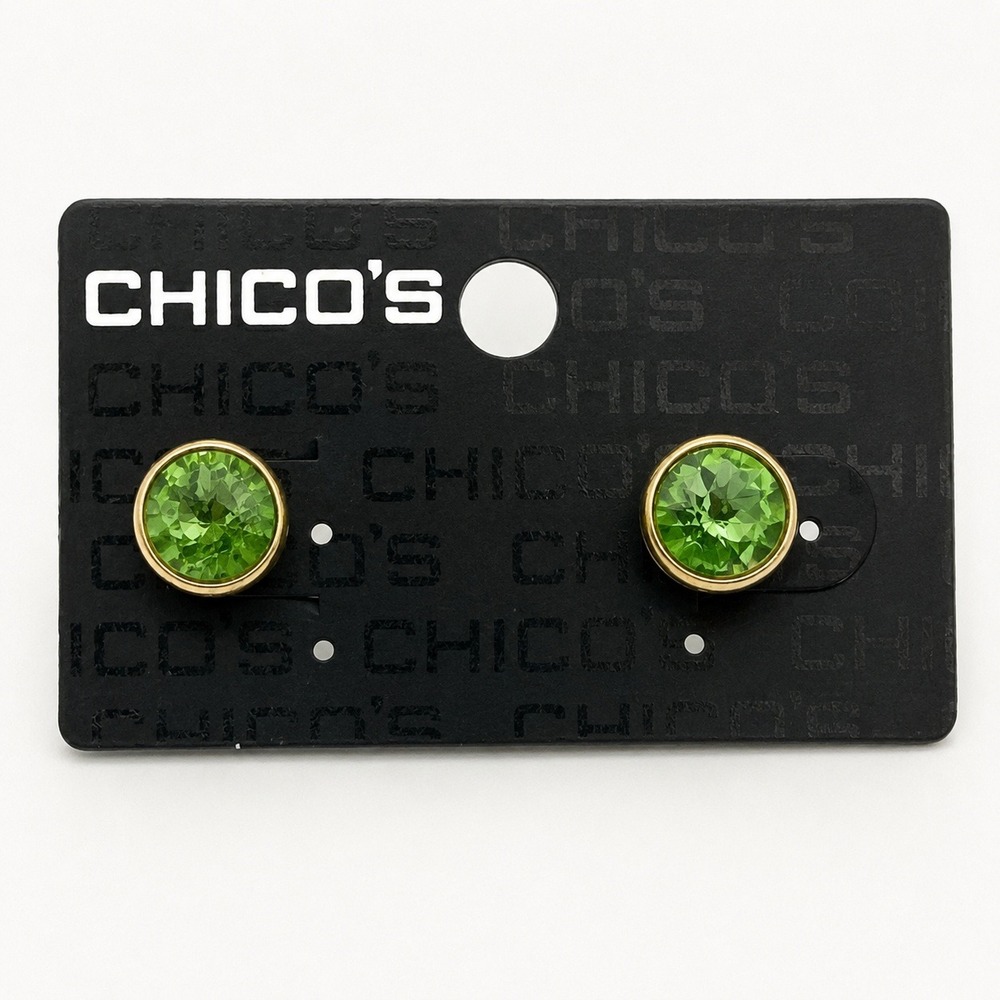Chicos Green Crystal Bezel Stud Earrings Gold Tone Hypoallergenic New